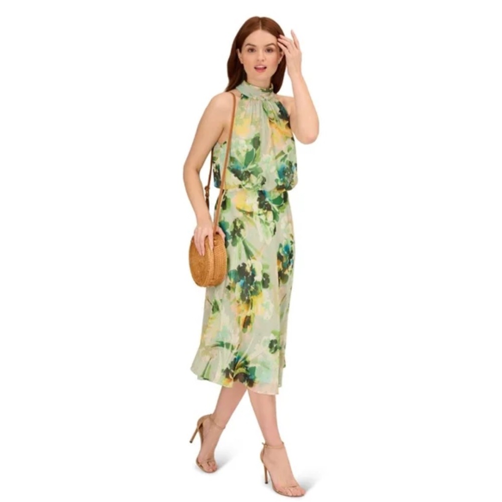 Adrianna Papell Green Floral Midi Dress